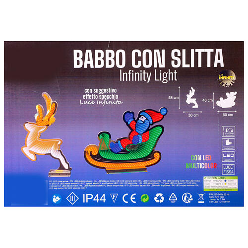 Père Noël avec traineau et renne Infinity Light LEDs multicolores pour intérieur extérieur 100 cm 3