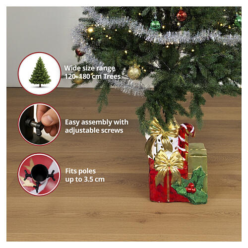 Weihnachtsbaumständer für künstlichen Weihnachtsbaum – in Form von Geschenkpäckchen mit goldenen Schleifen und Ilex, 35 × 30 × 45 cm 2