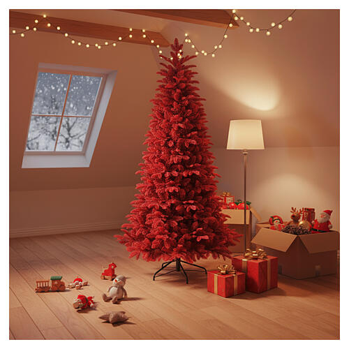 Red flocked slim Christmas tree, 70 in, Poly Feel Real and PVC 2