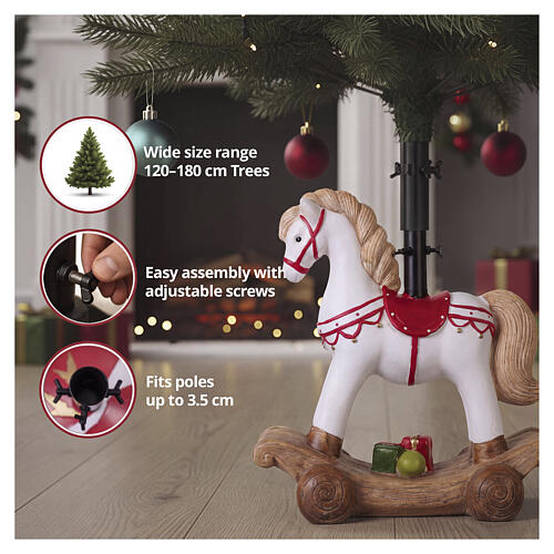 Base pour sapin de Noël petit cheval blanc peint avec selle rouge 50x50x25 cm pour sapins 120-180 cm 2