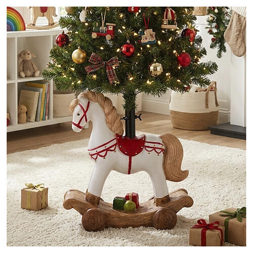 Base pour sapin de Noël petit cheval blanc peint avec selle rouge 50x50x25 cm pour sapins 120-180 cm 4