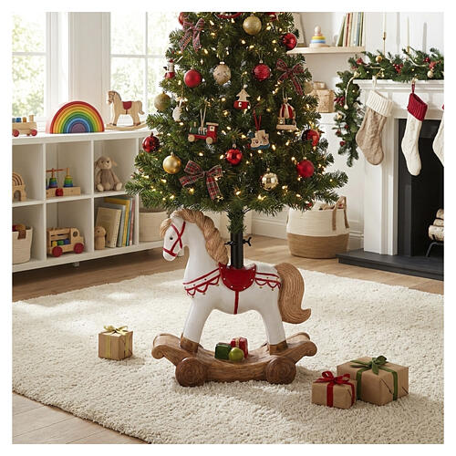 Base albero Natale cavallino bianco dipinto con sella rossa 50x50x25 cm per alberi 120-180 cm 2