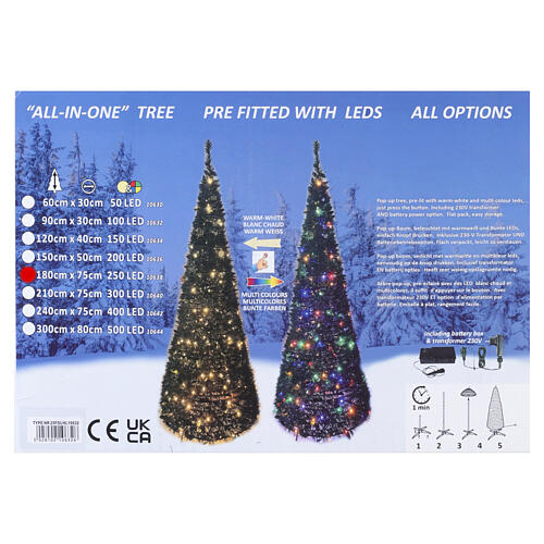 Pop up artificial Christmas tree, 70 in, flocked branches, 250 LEDs 9