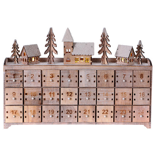 Wooden advent calendar with village and lights 1