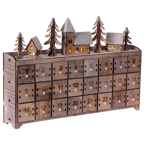 Wooden advent calendar with village and lights 3