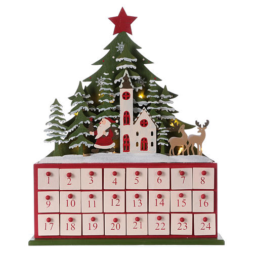 Wooden Advent Calendar LED with small boxes and church 40 cm 1