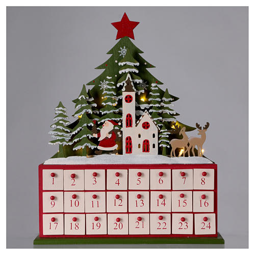 Wooden Advent Calendar LED with small boxes and church 40 cm 2