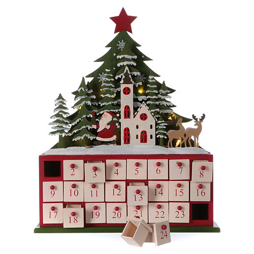 Wooden Advent Calendar LED with small boxes and church 40 cm 5