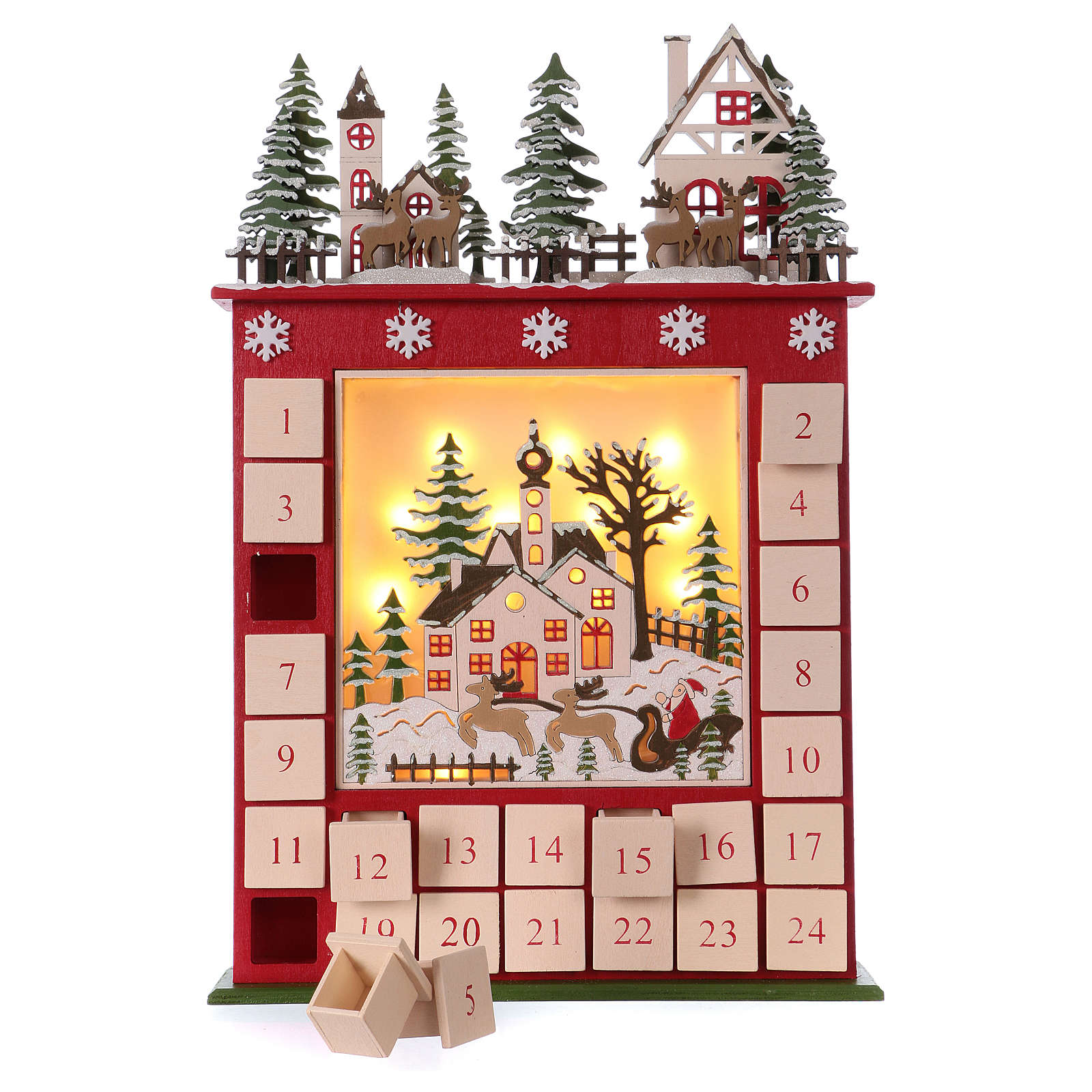 45 cm Advent Calendar in Wood with Christmas Scene LED online sales