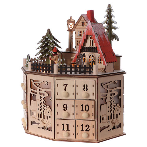Calendrier De L'Avent En Bois Avec Lumières LED - 24 Tiroirs Vides, Forme Arbre De Noël - 28,5x8x20 Cm - Rouge