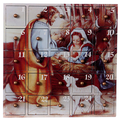 Kalendarz Adwentowy Narodziny Jezusa 23x23x6 cm drewno 1
