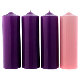 Adventskerzen-Set, 4-teilig, Altarkerzen, violett/rosa, glänzend, 8x24 cm