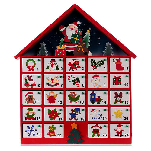 Calendario dell'avvento casa in legno rosso 20x35x5 cm 1