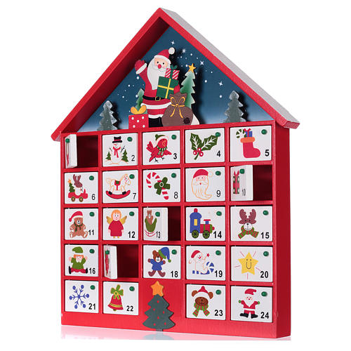 Calendario dell'avvento casa in legno rosso 20x35x5 cm 2