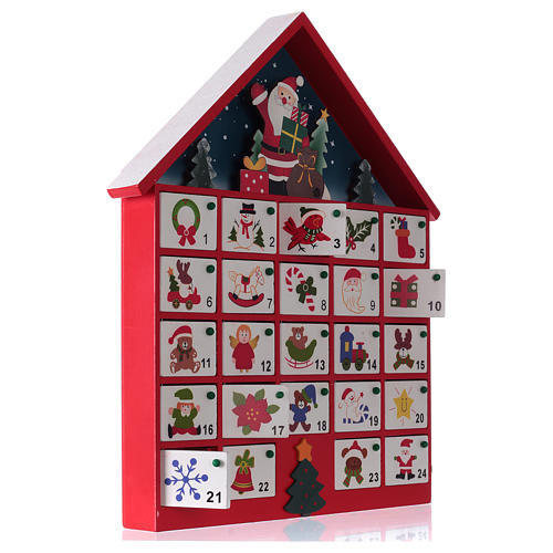 Kalendarz adwentowy domek z drewna czerwony 20x35x5 cm 3