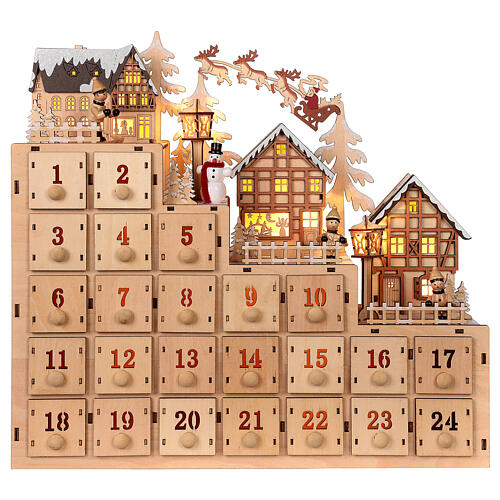 Kalendarz Adwentowy 30x40x10 cm z drewna, podświetlany, pejzaż bożonarodzeniowy 4