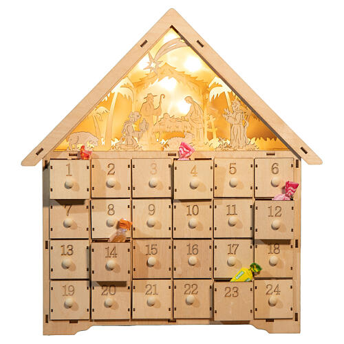 Calendrier 40x30x10 cm scène Nativité avec lumières 1