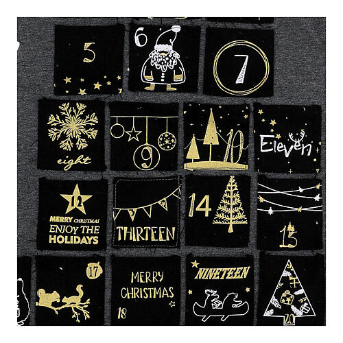 Calendário do Advento árvore estilizada cinzenta com bolsos decorados, preto, ouro e branco, altura 80 cm 4
