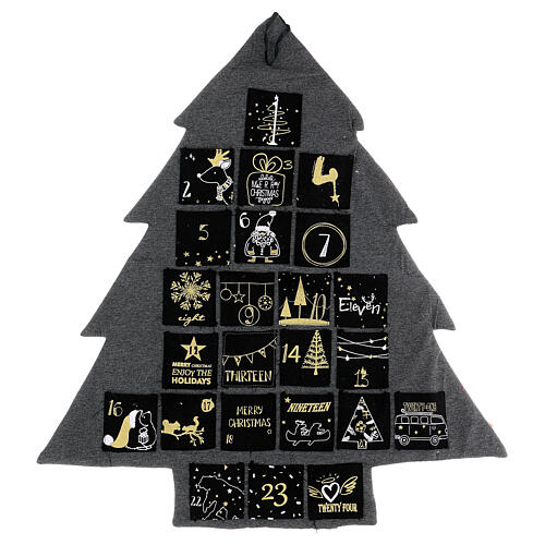 Calendário do Advento árvore estilizada cinzenta com bolsos decorados, preto, ouro e branco, altura 80 cm 6