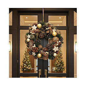 Corona Adviento piñas y estrellas 30 cm oro