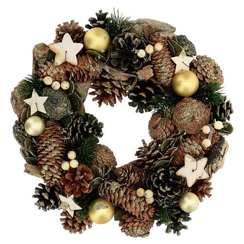 Corona Adviento piñas y estrellas 30 cm oro 1