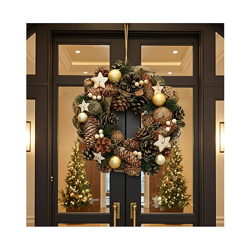 Corona Adviento piñas y estrellas 30 cm oro 2