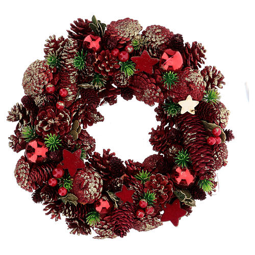 Advent wreath pine cones berries stars 30 cm red 1
