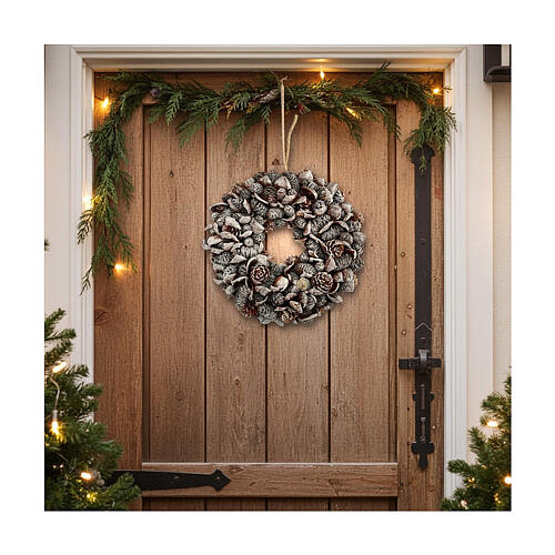 Couronne Avent pommes de pin paillettes argent 20 cm 2