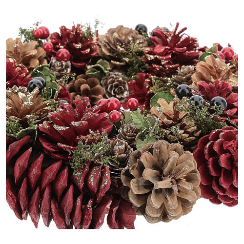 Coroa do Advento pinhas e bagas, decoração vermelha e glitter dourado 30 cm 3