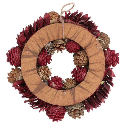 Coroa do Advento pinhas e bagas, decoração vermelha e glitter dourado 30 cm 4