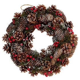 Snowy Advent crown with red berries and cones, diameter 36 cm