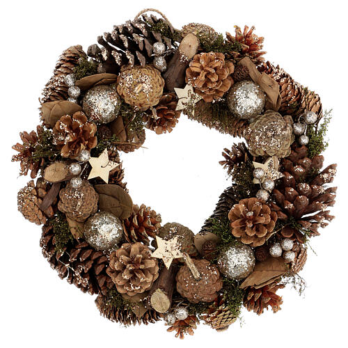 Corona Adviento con piñas bayas estrellas purpurina 36 cm 1