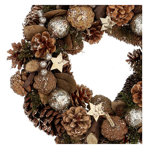 Corona Adviento con piñas bayas estrellas purpurina 36 cm 3