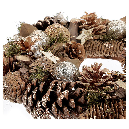 Corona Adviento con piñas bayas estrellas purpurina 36 cm 4