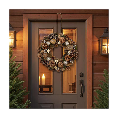 Couronne Avent avec pommes de pin baies étoiles paillettes 36 cm 2