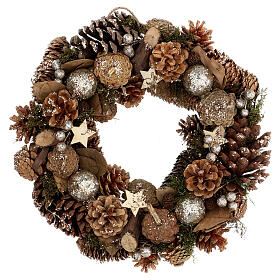 Coroa do Advento com pinhas, bagas, estrelas e glitter dourado diâmetro 36 cm