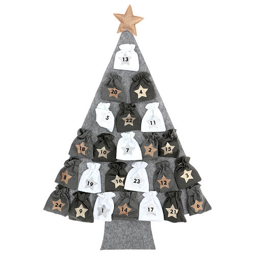 Calendário do Advento árvore de Natal cinzento estrela dourada com sacos 120 cm 1