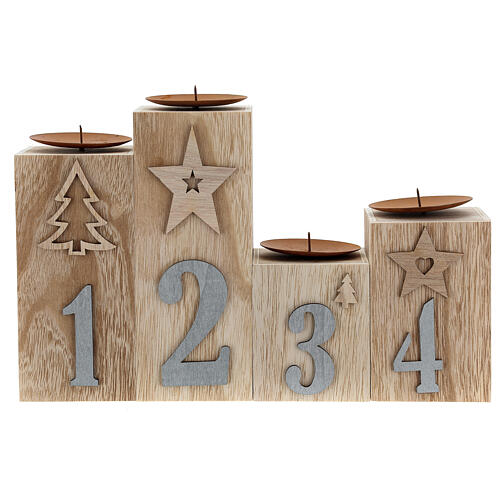 Beige wooden candle holder characterised by various decorations 1