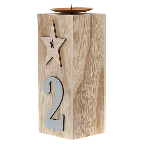 Beige wooden candle holder characterised by various decorations 2