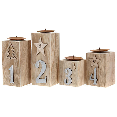 Beige wooden candle holder characterised by various decorations 3