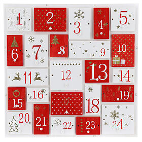 Calendario Adviento rojo blanco madera 32x32 cm