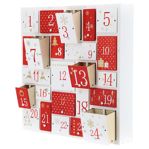 Calendario Avvento rosso bianco legno 32x32 cm