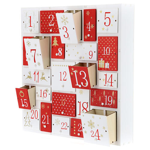 Calendário do Advento de madeira branco e vermelho 32x32x5 cm 4