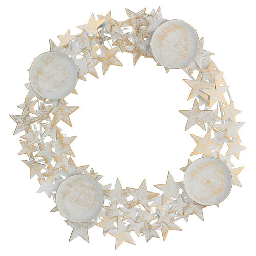 Advent wreath with stars and candle holders, white and gold metal, for candles of 7.5 cm max 1