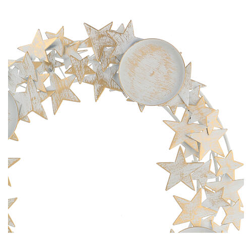 Advent wreath with stars and candle holders, white and gold metal, for candles of 7.5 cm max 2