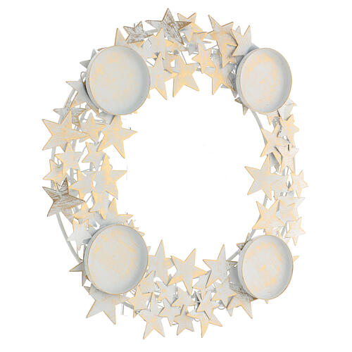 Advent wreath with stars and candle holders, white and gold metal, for candles of 7.5 cm max 3