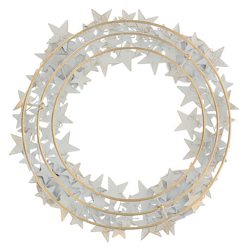 Advent wreath with stars and candle holders, white and gold metal, for candles of 7.5 cm max 4