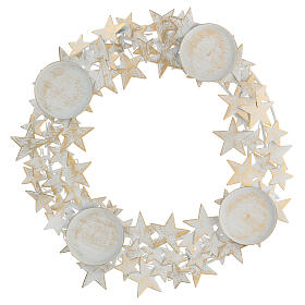 Coroa do Advento porta-vela de metal branco e dourado com estrelas, 7x40x40 cm