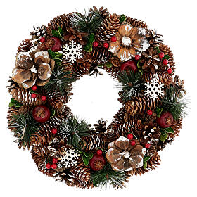 Advent wreath with pinecones, red berries and snow effect, 34 cm
