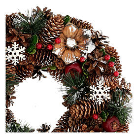 Advent wreath with pinecones, red berries and snow effect, 34 cm